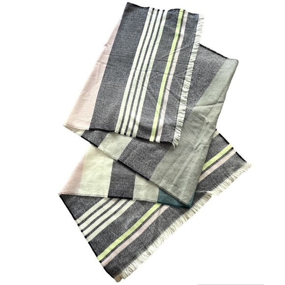 Gap Multi striped blanket scarf. Soft Pink Grey white & green. Fringed ends - Picture 8 of 11